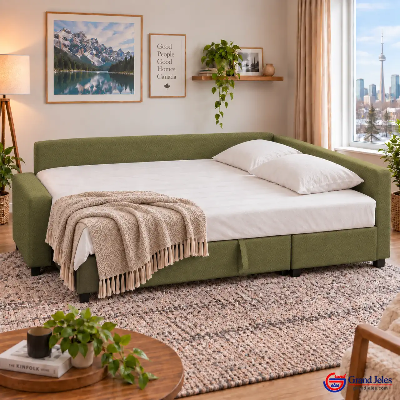 Home / Bed Mode Olive Green Sofa Bed IKEA Friheten sofa bed converted to a guest bed in a modern living room