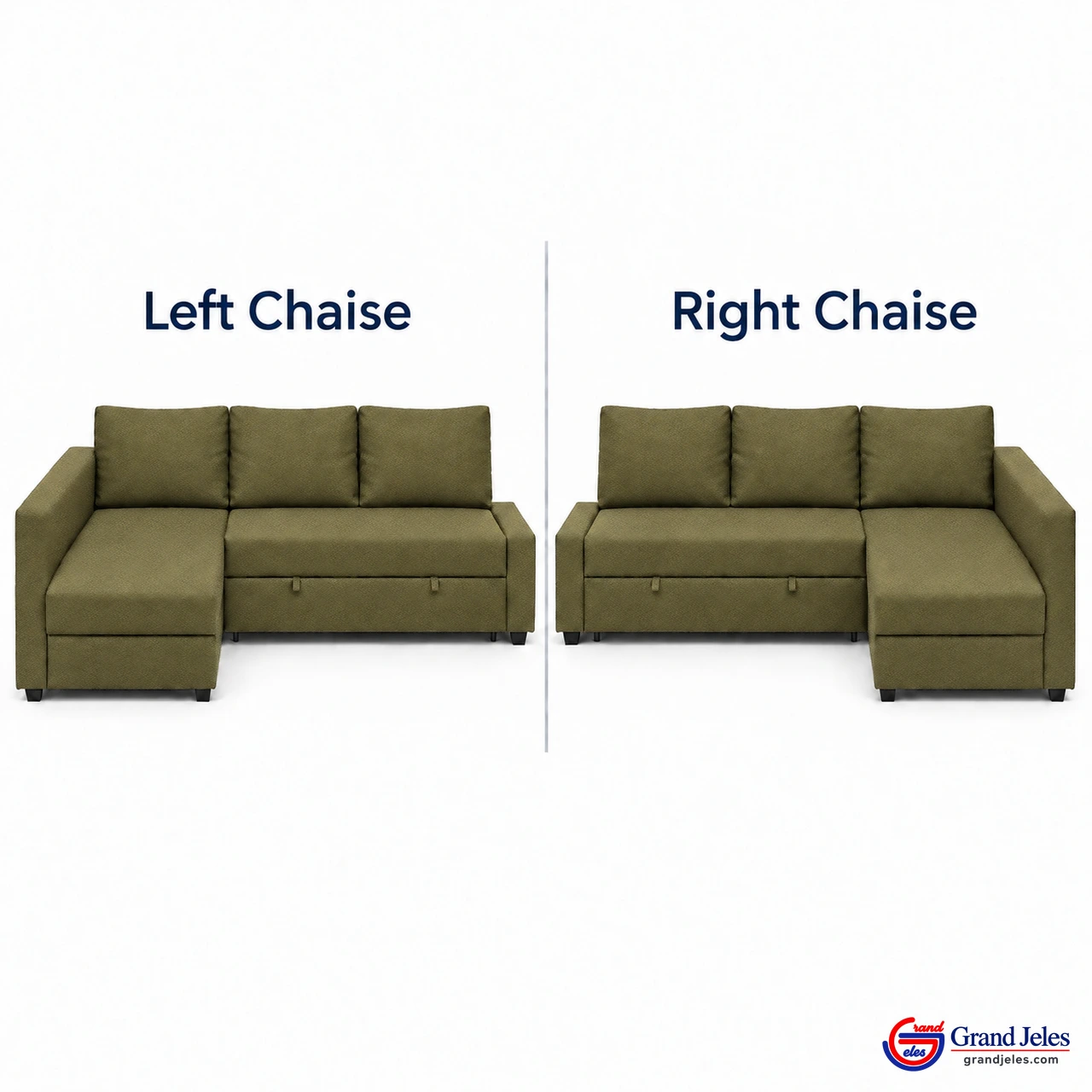 Left / Right Chaise Olive Green Sofa Bed IKEA Friheten sectional showing left and right chaise configurations