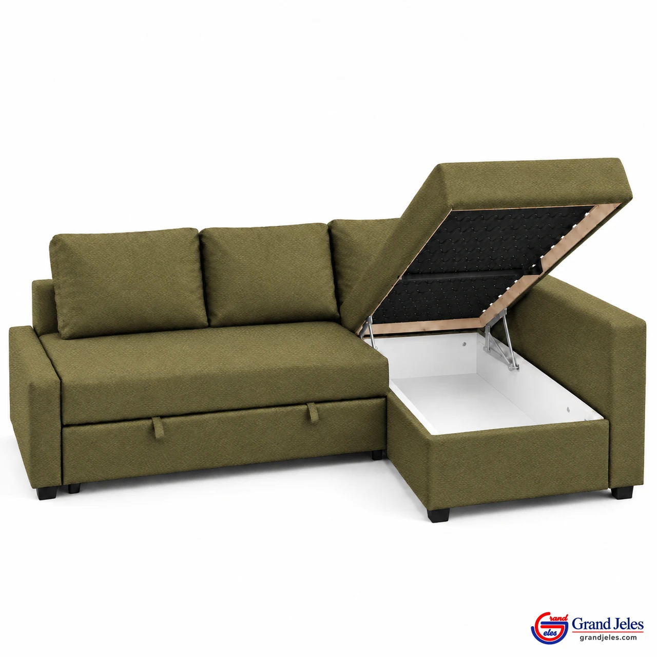 Storage Open Olive Green Sofa Bed IKEA Friheten sectional with hidden chaise storage compartment open
