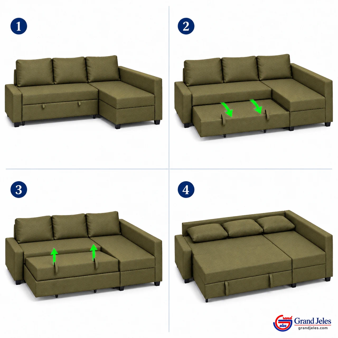 Conversion Steps Four-step conversion of Olive Green Sofa Bed IKEA Friheten sectional from sofa to bed