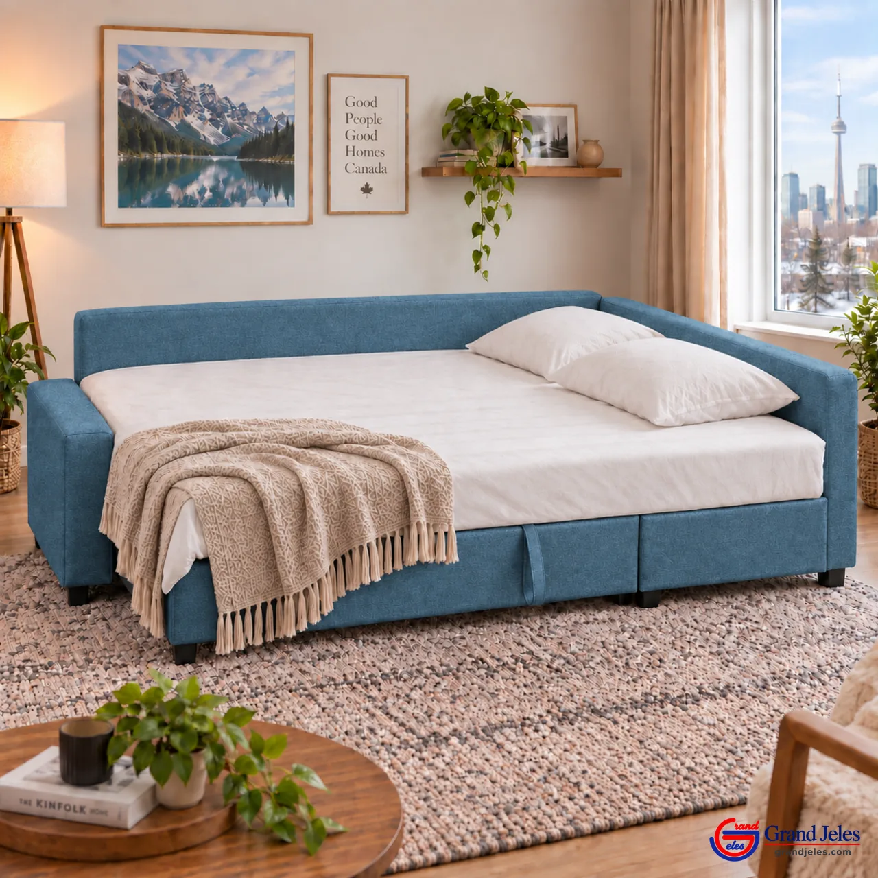 Home / Bed Mode Aqua Blue Sofa Bed IKEA Friheten sofa bed converted to a guest bed in a modern living room