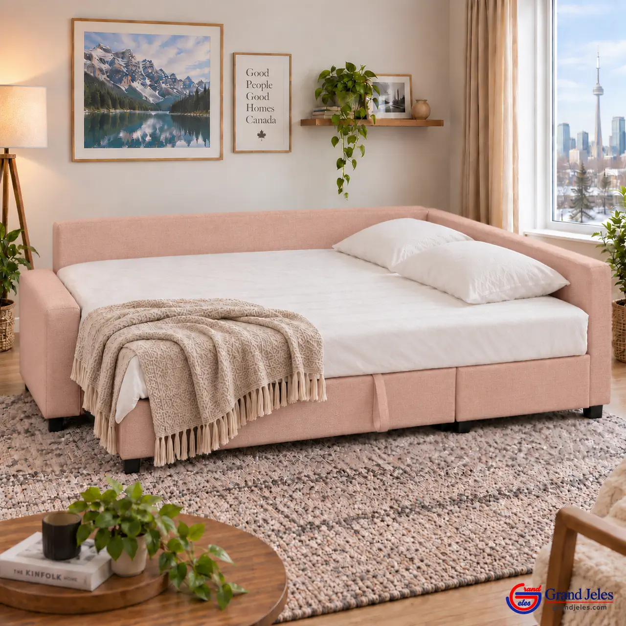 Home / Bed Mode Blush Pink Sofa Bed IKEA Friheten sofa bed converted to a guest bed in a modern living room