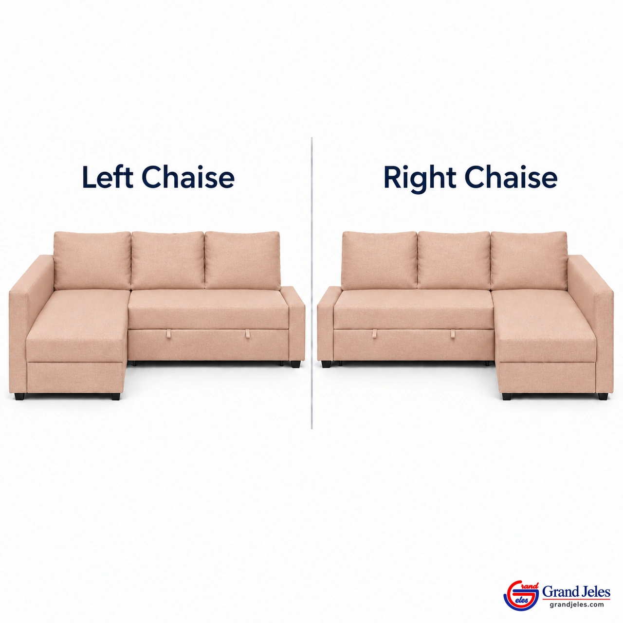 Left / Right Chaise Blush Pink Sofa Bed IKEA Friheten sectional showing left and right chaise configurations