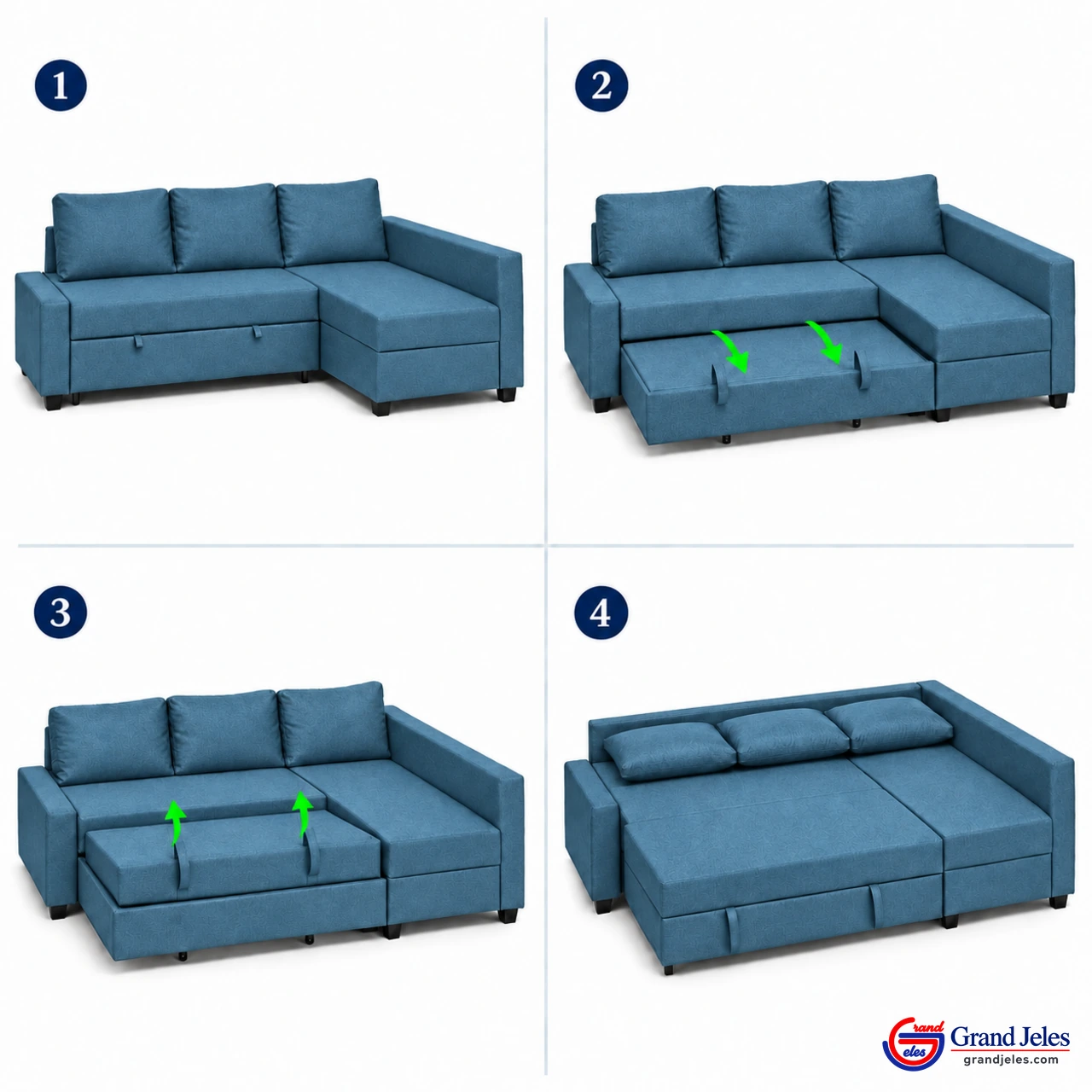 Conversion Steps Four-step conversion of Aqua Blue Sofa Bed IKEA Friheten sectional from sofa to bed