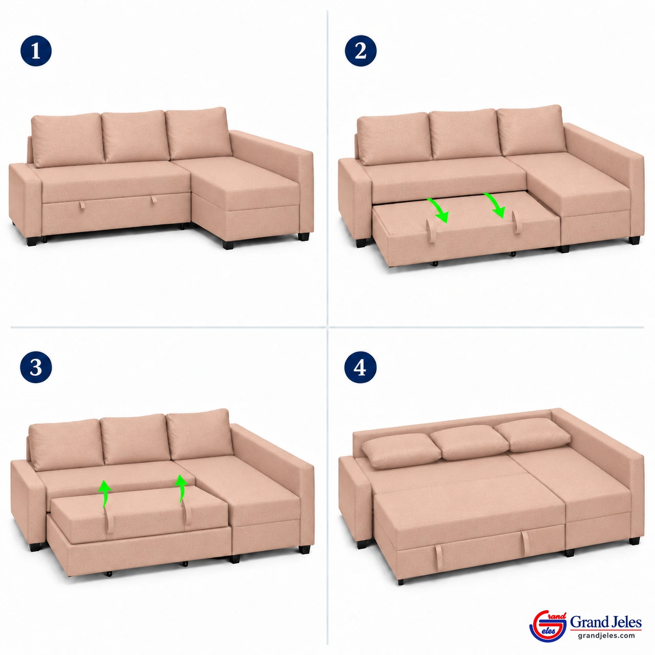 Conversion Steps Four-step conversion of Blush Pink Sofa Bed IKEA Friheten sectional from sofa to bed
