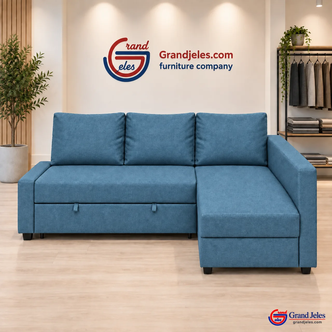 Workshop Refurbished Aqua Blue Sofa Bed IKEA Friheten sofa bed at the Grand Jeles workshop
