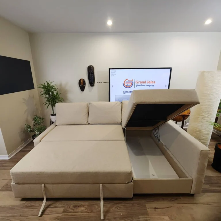 Beige pull out couch with storage – sleeper sofa bed for Toronto delivery