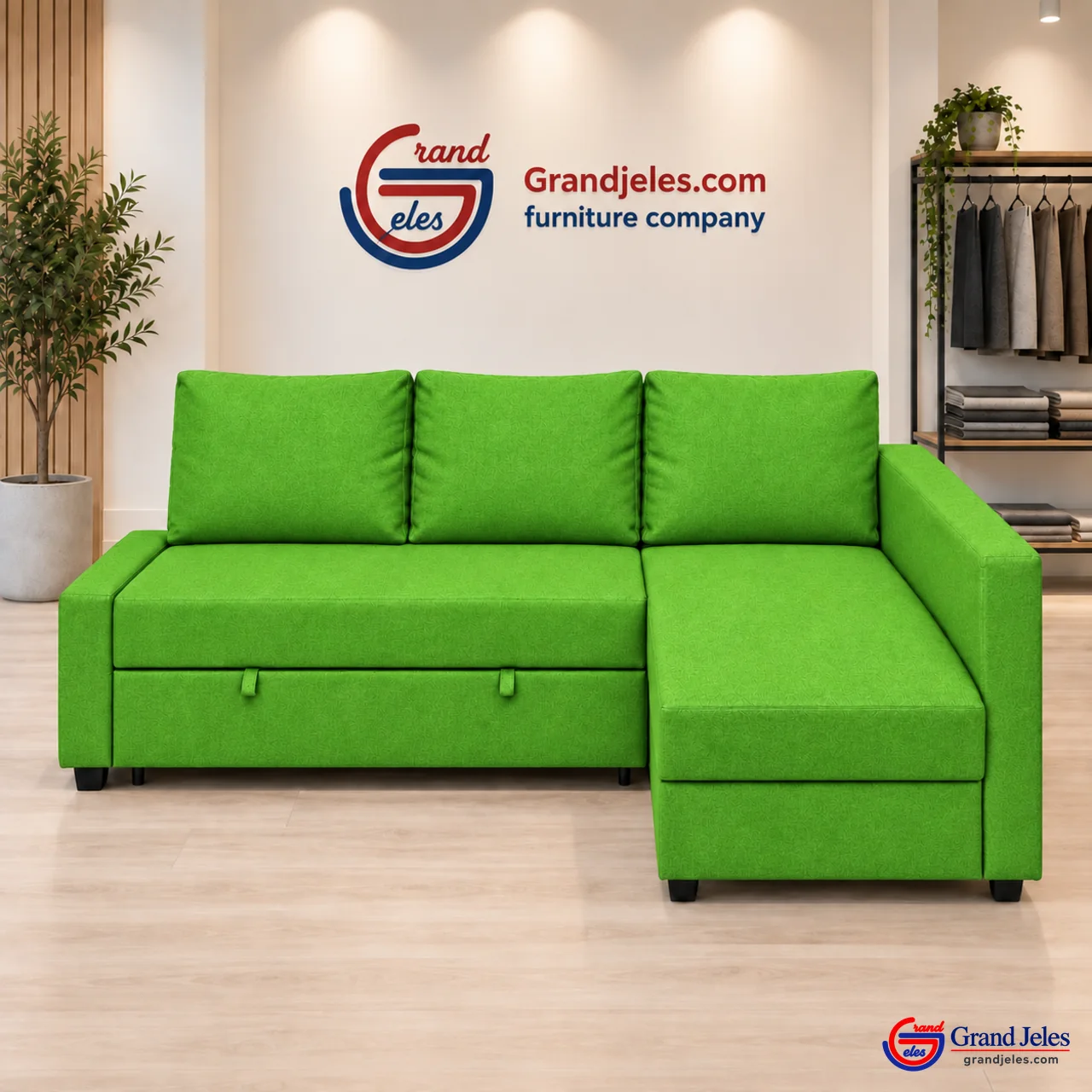 Workshop Refurbished Phosphor Green Sofa Bed IKEA Friheten sofa bed at the Grand Jeles workshop