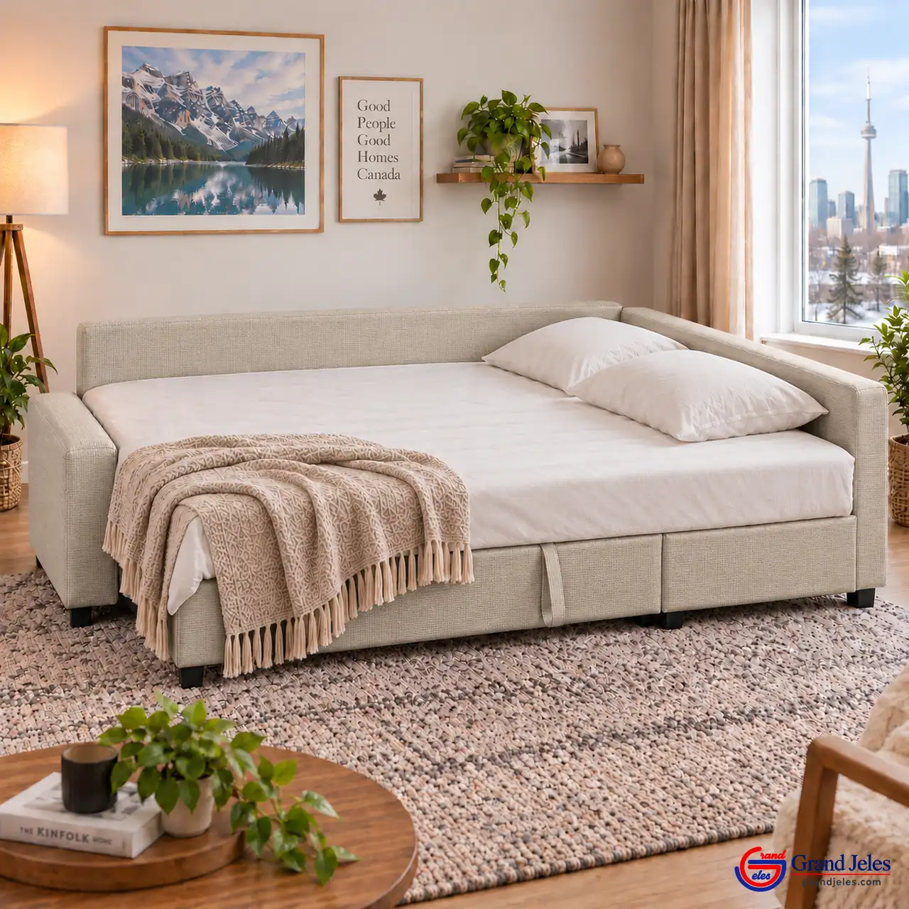 Home / Bed Mode Light Beige Sofa Bed IKEA Friheten sofa bed converted to a guest bed in a modern living room