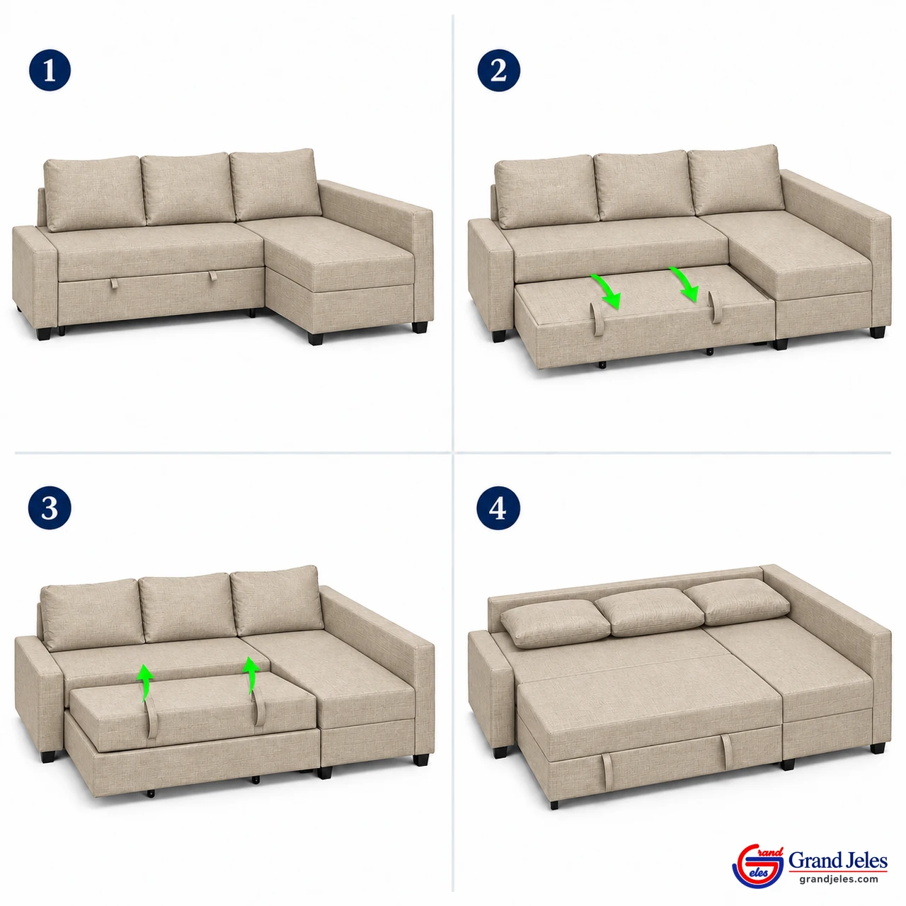 Conversion Steps Four-step conversion of Light Beige Sofa Bed IKEA Friheten sectional from sofa to bed
