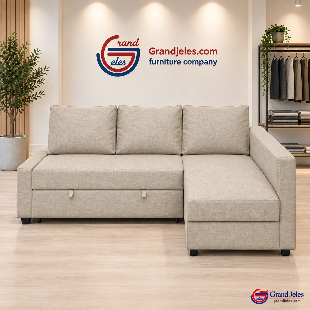 Workshop Refurbished Light Beige Sofa Bed IKEA Friheten sofa bed at the Grand Jeles workshop