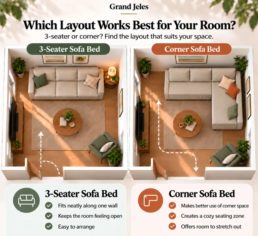 Comparison of 3-seater sofa bed and corner sofa bed layouts for a living room
