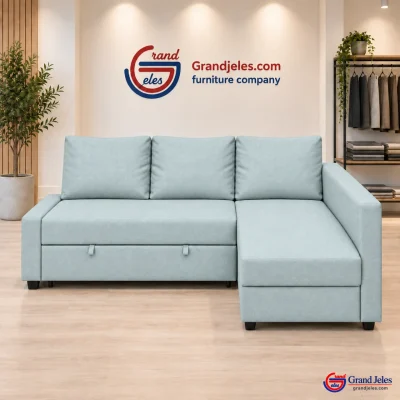 Workshop Refurbished Light Bluish Green Sofa Bed IKEA Friheten sofa bed at the Grand Jeles workshop